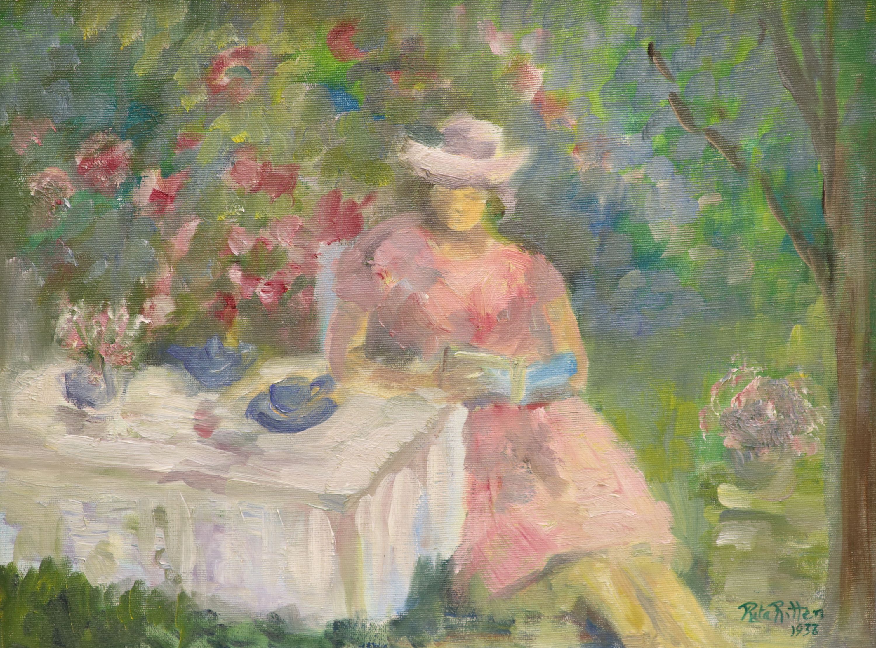 Rita Ritten, oil on canvas, Lizzie at peace in her Devon garden, signed and bears date 1933, 29 x 39cm